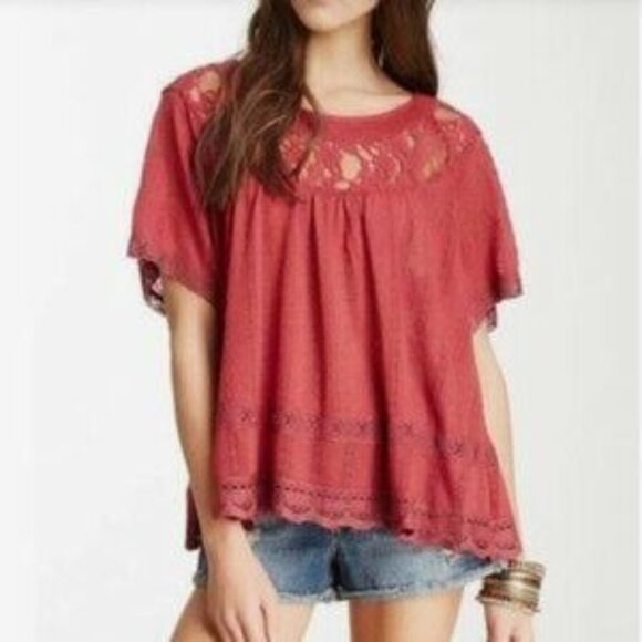 Free People Burgundy Lace Yoke Short Sleeve Crochet Knit Top Womens Size S - Picture 7 of 7
